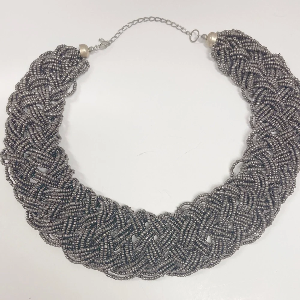 Vintage Gray Seed Bead Woven Collar Necklace - Picture 4 of 6